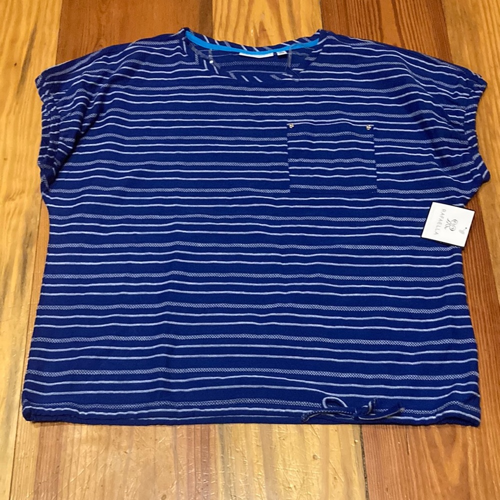 NWT Rafaella blue striped top with bow on the bottom and pocket Sz Small